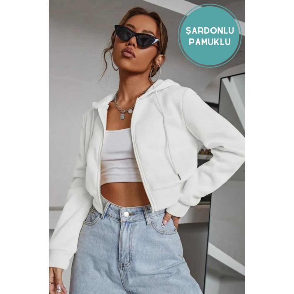 VAN SCHENDEL Kadın Kırık Beyaz Fitted Crop Kapşonlu Zip Fermuarlı Polar Hırka Sweatshirt S Beden Bayan Sweatshirt Fiyatı
