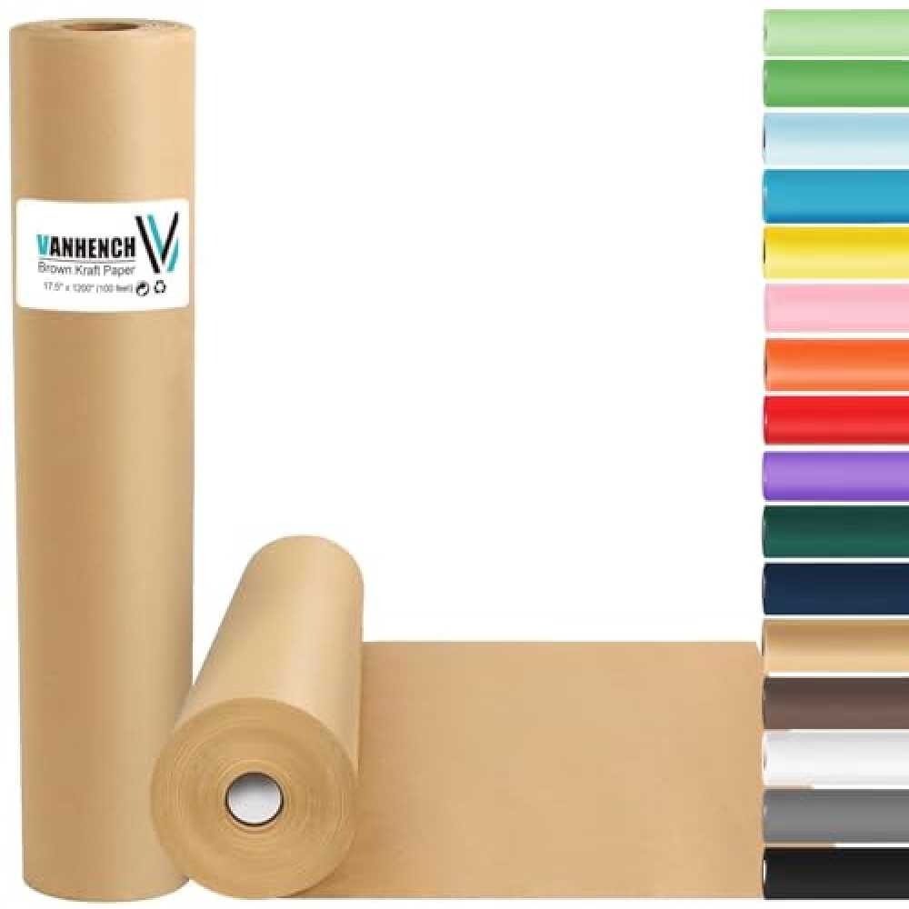 Vanhench Brown Wrapping Paper, Craft Kraft Paper 17.5"x 1200"(100') for Gift Wrapping Bulletin Board Arts & Crafts, Bouquet Flower Table Covering Poster Packing Shipping Moving Supplies 70GSM 50LB