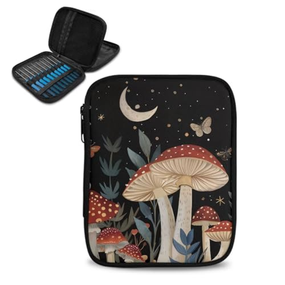 Vanideaoty Moon Mushroom Crochet Hook Case Organizer Easy to Clean Knitting Needle Storage with Web Pockets Crochet Hook Case for Travel Lightweight