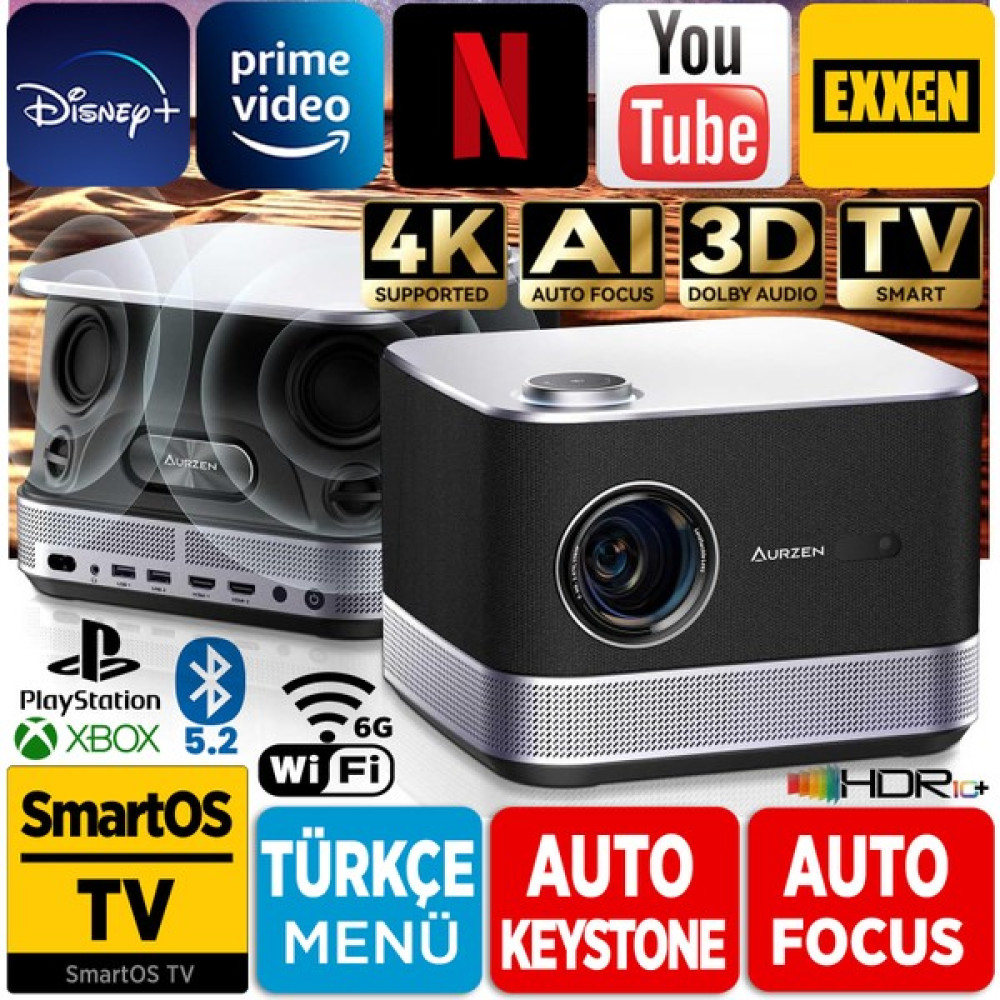 Vankyo Aurzen Boom 3 4K Android Projeksiyon Cihazı + Auto Focus + Auto Keystone + 6g Wifi + 5.2 Bluetooth +300 Inç Yansıtma + 36W Hifi Dolby Ses Si... Projeksiyon Fiyatı