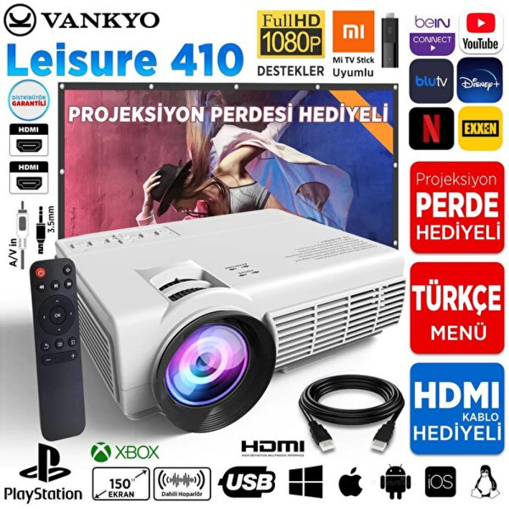 Vankyo Leisure 410 1080p Destekli 200 İnç Yansıtma Dahili Hoparlör Hdmi/Ps5/Ps4/Vga/Usb LCD LED Projeksiyon Cihazı Projeksiyon Fiyatı