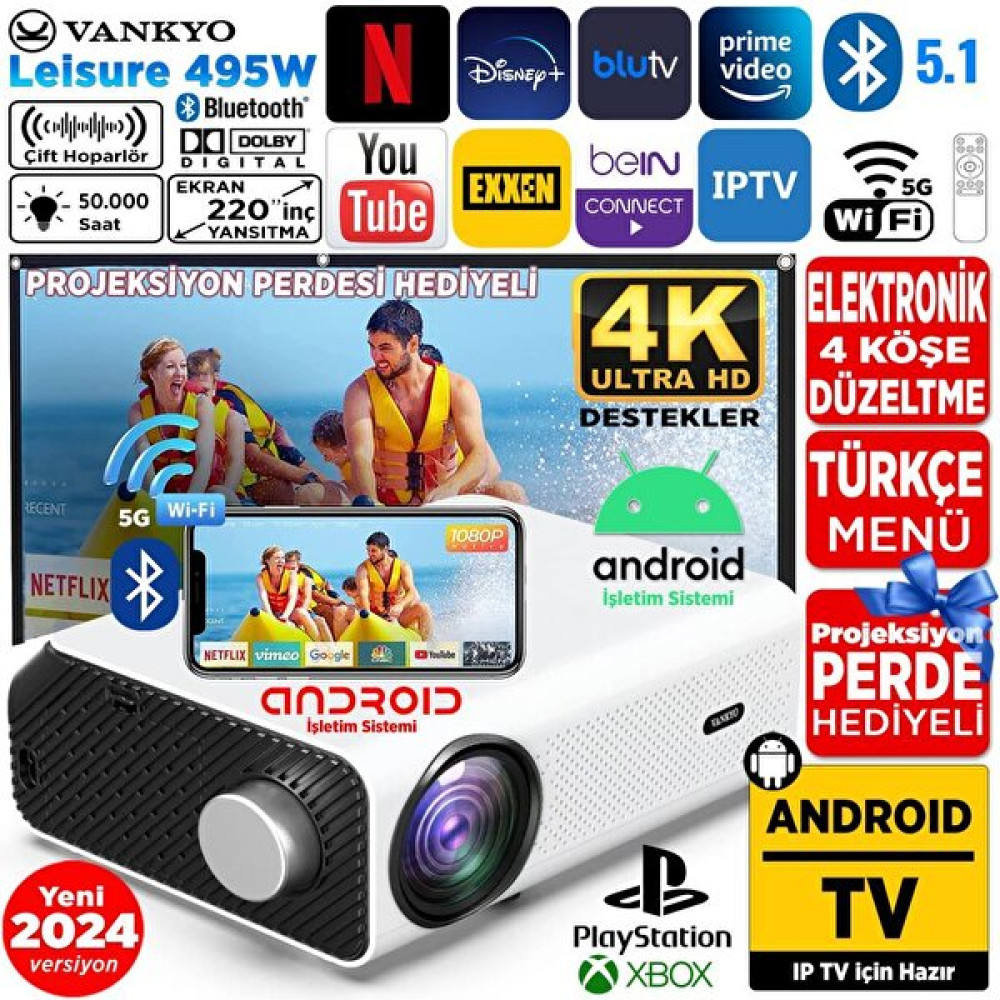 Vankyo Leisure 495W Android 4K-5G Wi-Fi-5.1 Bluetooth LCD LED Projeksiyon Cihazı-220" Yansıtma-HiFi Dolby Ses Sistemi Projeksiyon Fiyatı