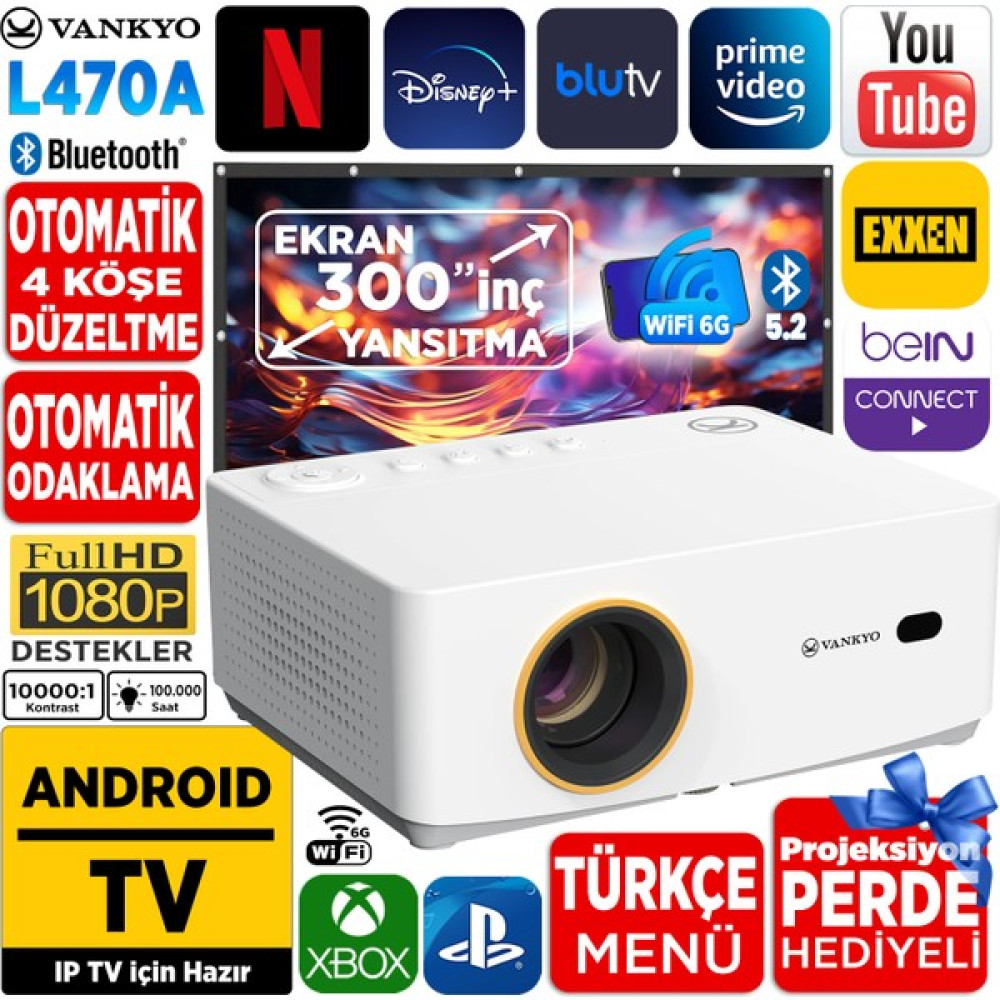 Vankyo Leisure L470A Android Tv 1080P Destekli Projeksiyon Cihazı +Auto Focus+Auto Keystone+6g Wifi+5.2 BLUETOOTH+300 Inç Yansıtma+Hifi Premium Ses... Projeksiyon Fiyatı