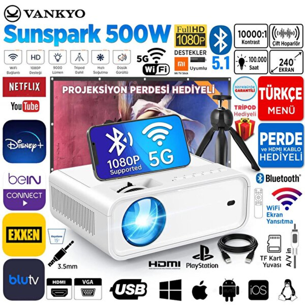 Vankyo Sunspark 500W 5G Wi-Fi + Bluetooth 1080P Destekli Projeksiyon Cihazi - LCD LED - 240 Inç Yansitma - Dahili Hoparlör Projeksiyon Fiyatı