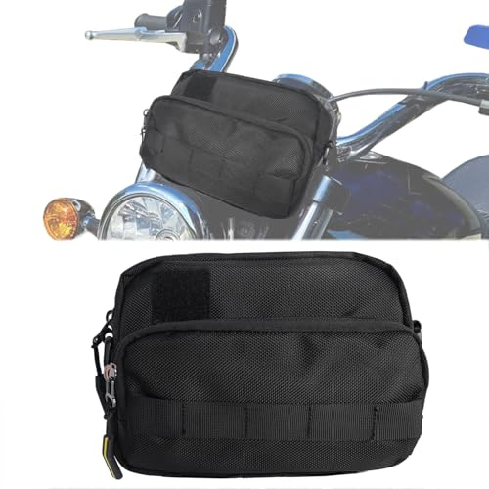 Vanlison Motorcycle Handlebar Pouch - Front Handle Bar Storage Bag for Forks and Saddle - Moto Accessory Compatible with Cruiser Softail Dyna Sportsters Dirt Bike - Black