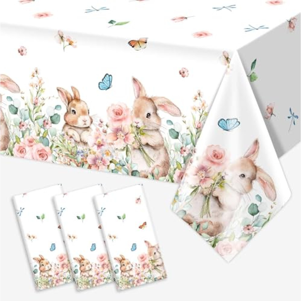 Vanulus 3Pcs Spring Easter Bunny Party Tablecloth Cute Rabbits Pink Floral Disposable Plastic Table Cover Rectangle Table Cloth for Spring Farmhouse Picnic Dinner Table 54x108Inch