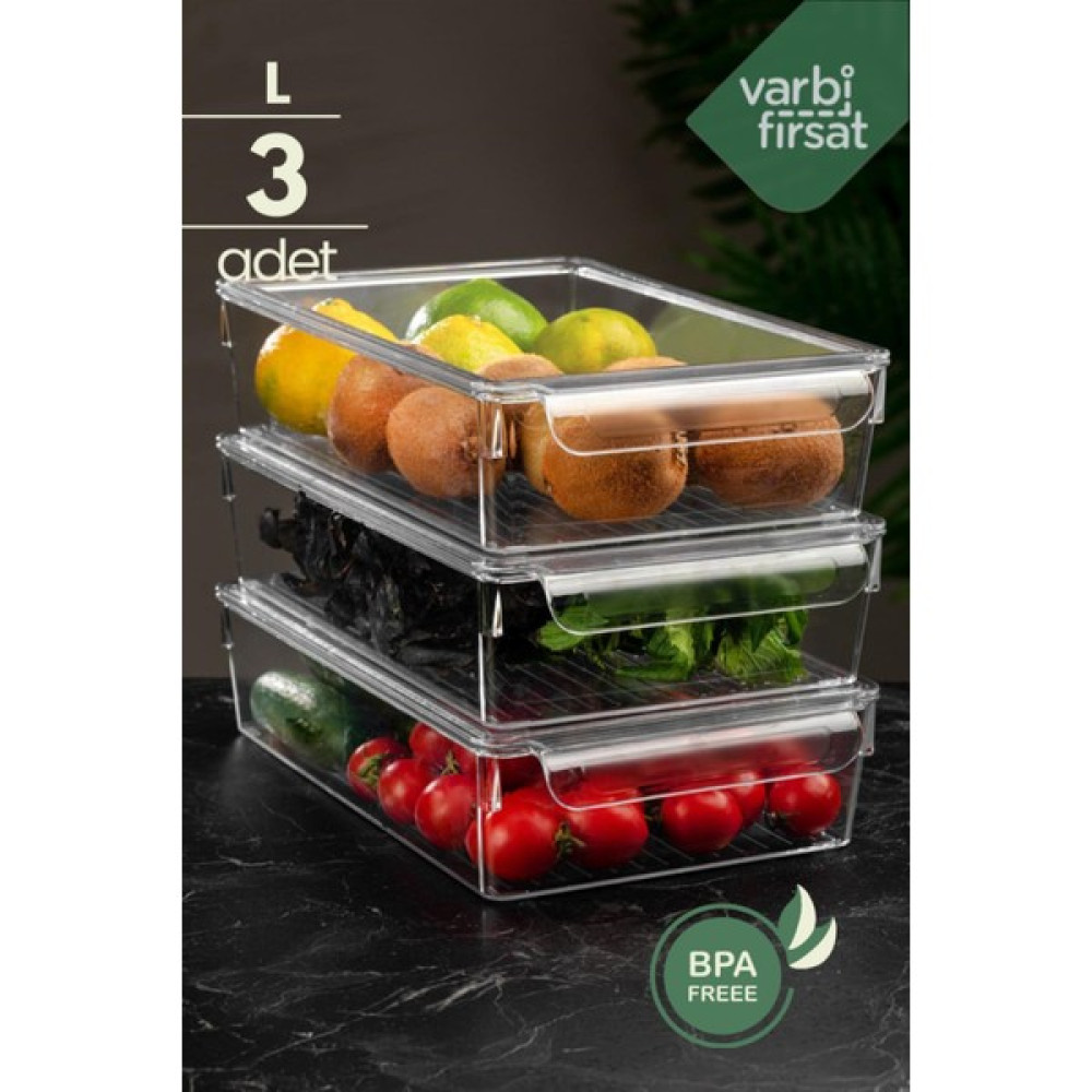 VarBiFırsat 3'lü Kapaklı L Buzdolabı Düzenleyici Buzdolabı Içi Düzenleyici Organizer 7 x 32,5 x 20 cm - 3 Adet Saklama Kapları Fiyatı