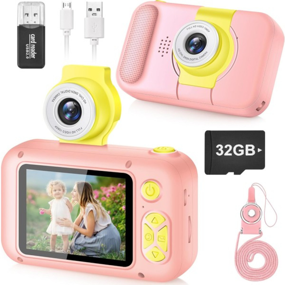 Varsthree 180° Döner Lensli Çocuk Kamerası 2,4 Inç IPS Ekran ve 1080P Dijital Çekim - Pembe Dijital Fotoğraf Makineleri Fiyatı