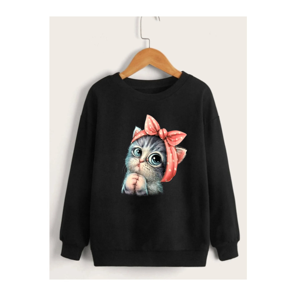VASK Kız Çocuk Bisiklet Yaka Sweatshırt- Tatlı Kedi 4-5 Yaş Beden Bayan Sweatshirt Fiyatı