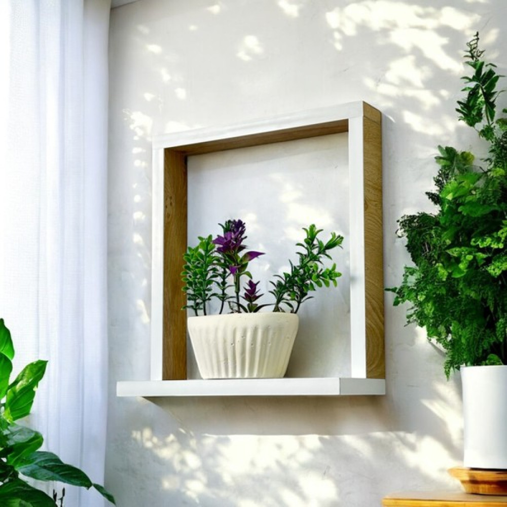 Vavely Kare Dekoratif Duvar Rafı, Beyaz Kenarlı Ahşap Desenli Duvar Rafı - 30x12 - Beyaz - Ceviz Kitaplık - Duvar Rafı & CD / DVD Rafı Fiyatı