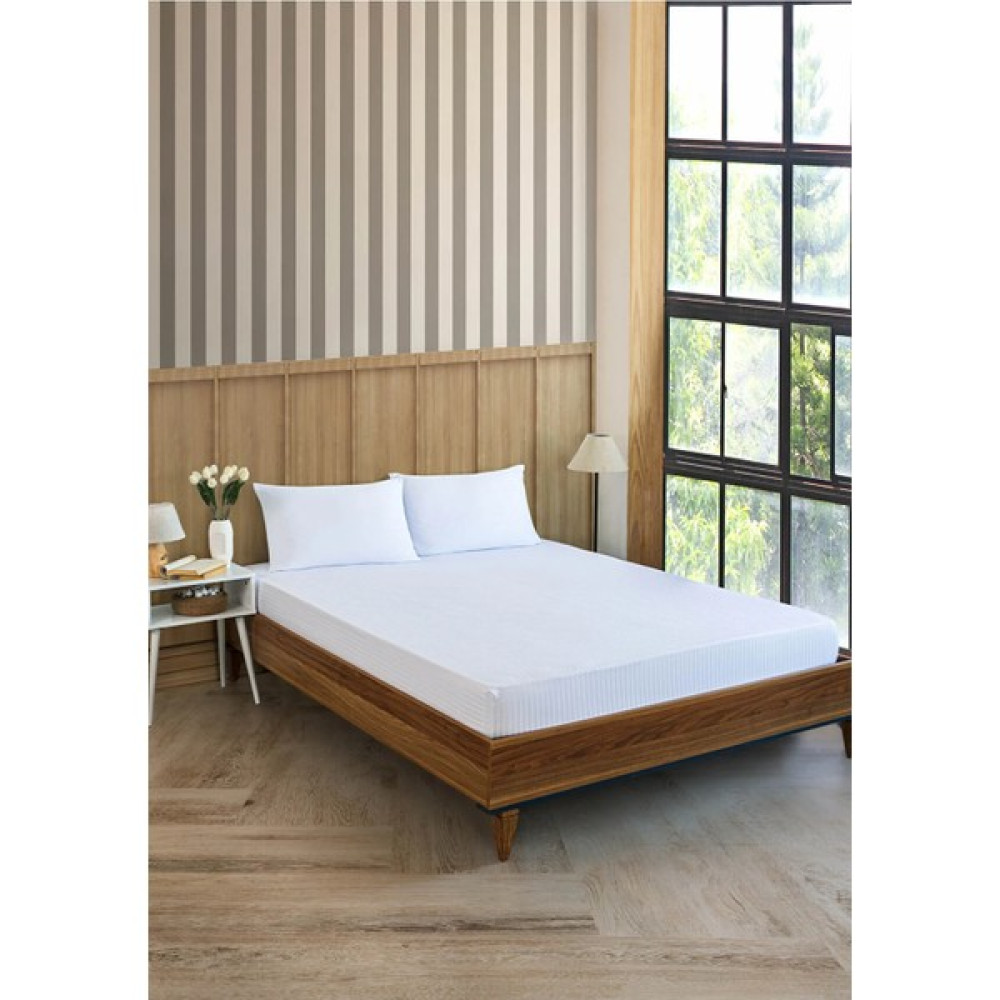 Vavey Çizgili Saten Yatak Çarşafı Lastikli 180X200 Yastık Kılıfı 50X70 Fitted Çift Kişilik Çarşaf Seti - Beyaz - 180 x 200 cm Nevresim Takımı Fiyatı