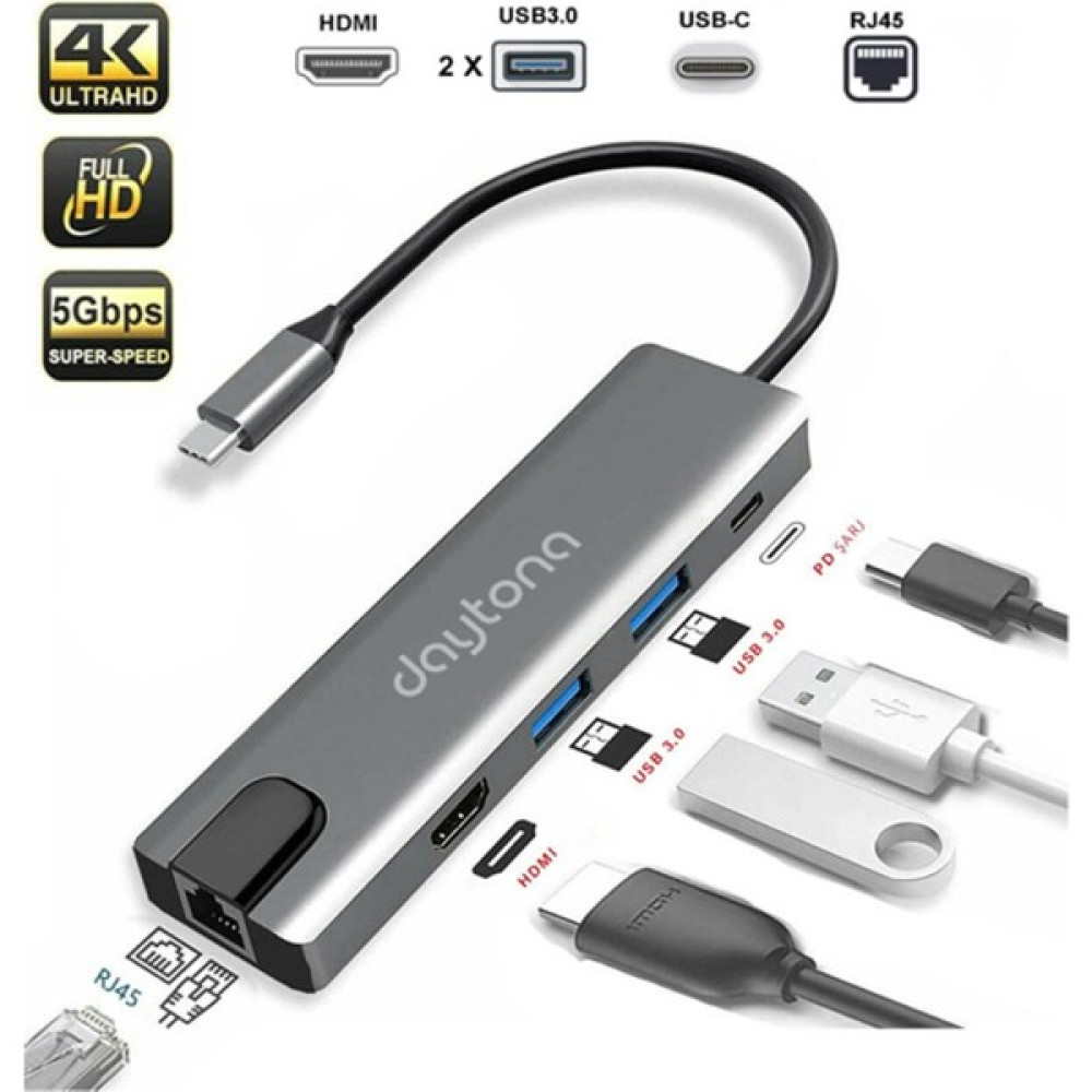 Vcom Daytona FC55 5ın1 Hub Type-C To 2-Usb 3.0 Hdmı Gigabit Ethernet RJ45 Pd Çevirici Hub - Renkli Bilgisayar Çevirici ve Adaptörü Fiyatı