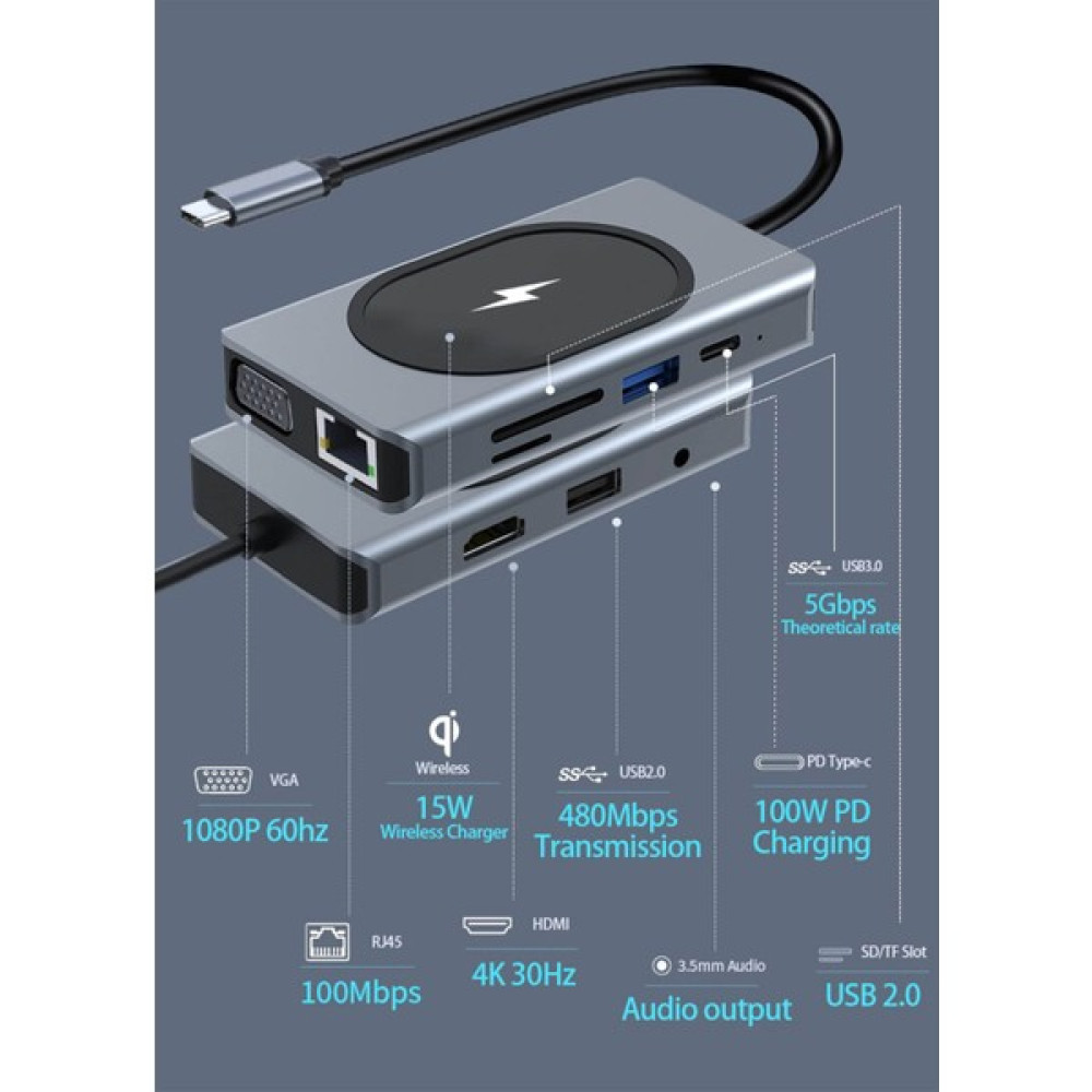 Vcom Daytona W9 9ın1 Type-C To USB 3.0 4K Hdmı Gigabit RJ45 Aux 9 Port Çevirici Hub Adaptör - Renkli Bilgisayar Çevirici ve Adaptörü Fiyatı