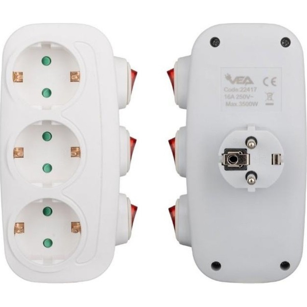 Vea VE-22417 16 Amper - 3500 Watt 3'lü Ayrı Anahtarlı Priz Prizler Fiyatı
