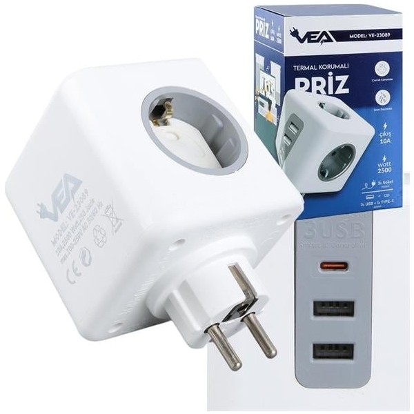 Vea VE-23089 2x USB 1x Type-C 3'lü Çocuk ve Termal Korumalı Grup Priz Bilgisayar Çevirici ve Adaptörü Fiyatı