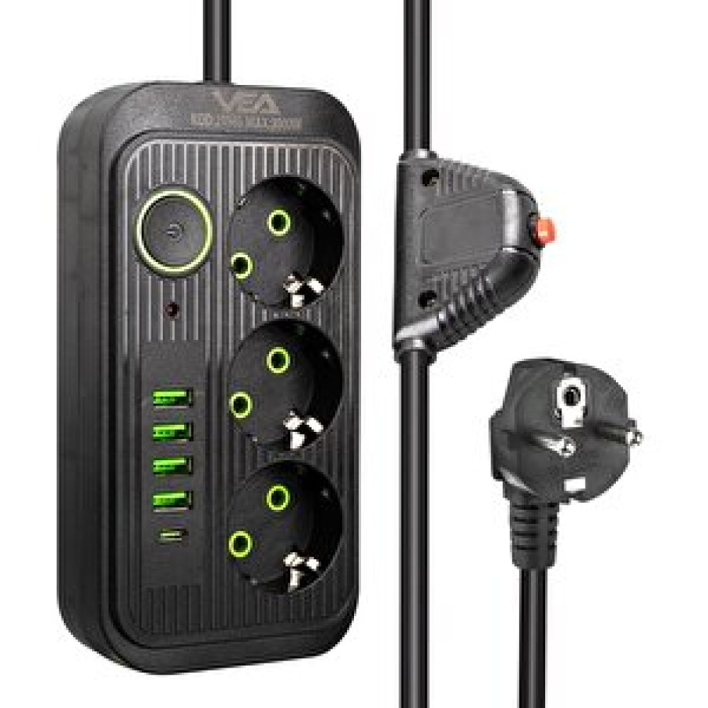 VEA Vea Va-21565 4xusb+type-c 3'lü 1.5 Metre Akım Korumalı Priz Siyah Prizler Fiyatı