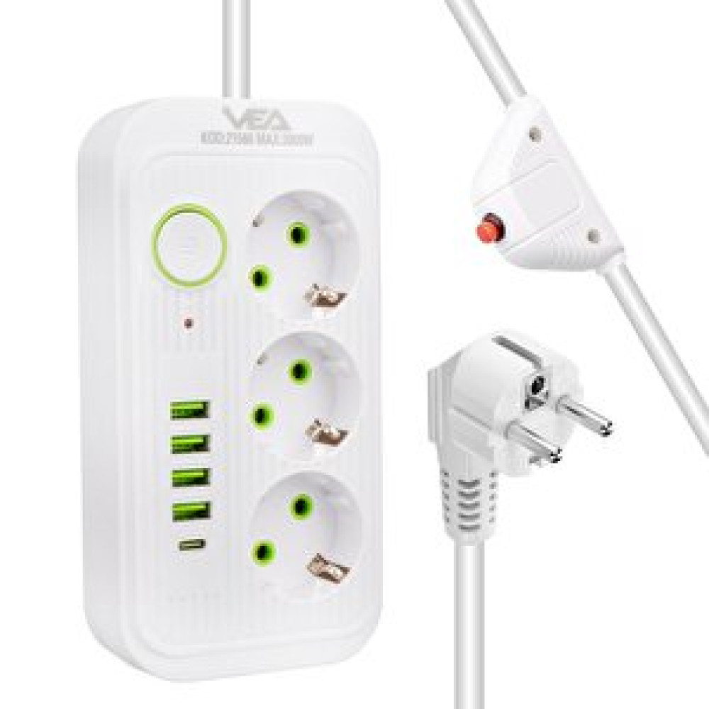 VEA Vea Va-21566 4xusb+type-c 3'lü 1.5 Metre Akım Korumalı Priz Beyaz Prizler Fiyatı