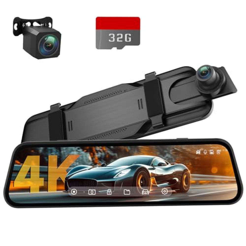 Veement 4K Rear View Mirror Camera, 10'' 4K Mirror Dash Cam with 1080P Backup Camera, Dash Cam Front and Rear for Car with Voice Control, 24H Parking Mode, Night Vision, 32GB SD Card Included