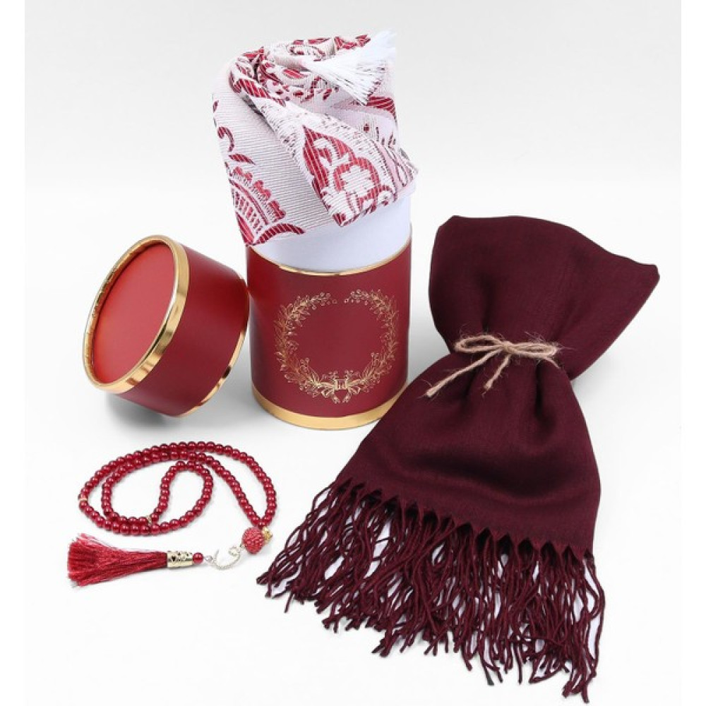 Vega Gift Shop Özel Silindir Kutusunda Hediyelik Bordo Tafta Seccade ve Inci Tespih Seti & Mürdüm Renk Şal Hediye Seti - 121 x 72 cm Seccade Fiyatı