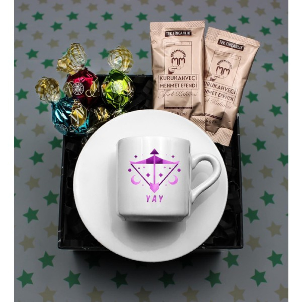 Vega Gift Shop Yay Burcu Baskılı Süblimasyon Türk Kahvesi Fincanı & 3'lü Lavi Çikolata & 2'li Mehmet Efendi Tek Kullanımlık Kahve Hediye Seti - Beyaz Altın, Takı & Aksesuar Fiyatı