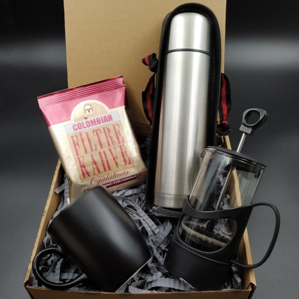 VegaGiftShop Deri Çantalı 500 ml Exclusive Çelik Termos & French Press & Siyah Kupa & Colombian Kahve Set Altın, Takı & Aksesuar Fiyatı