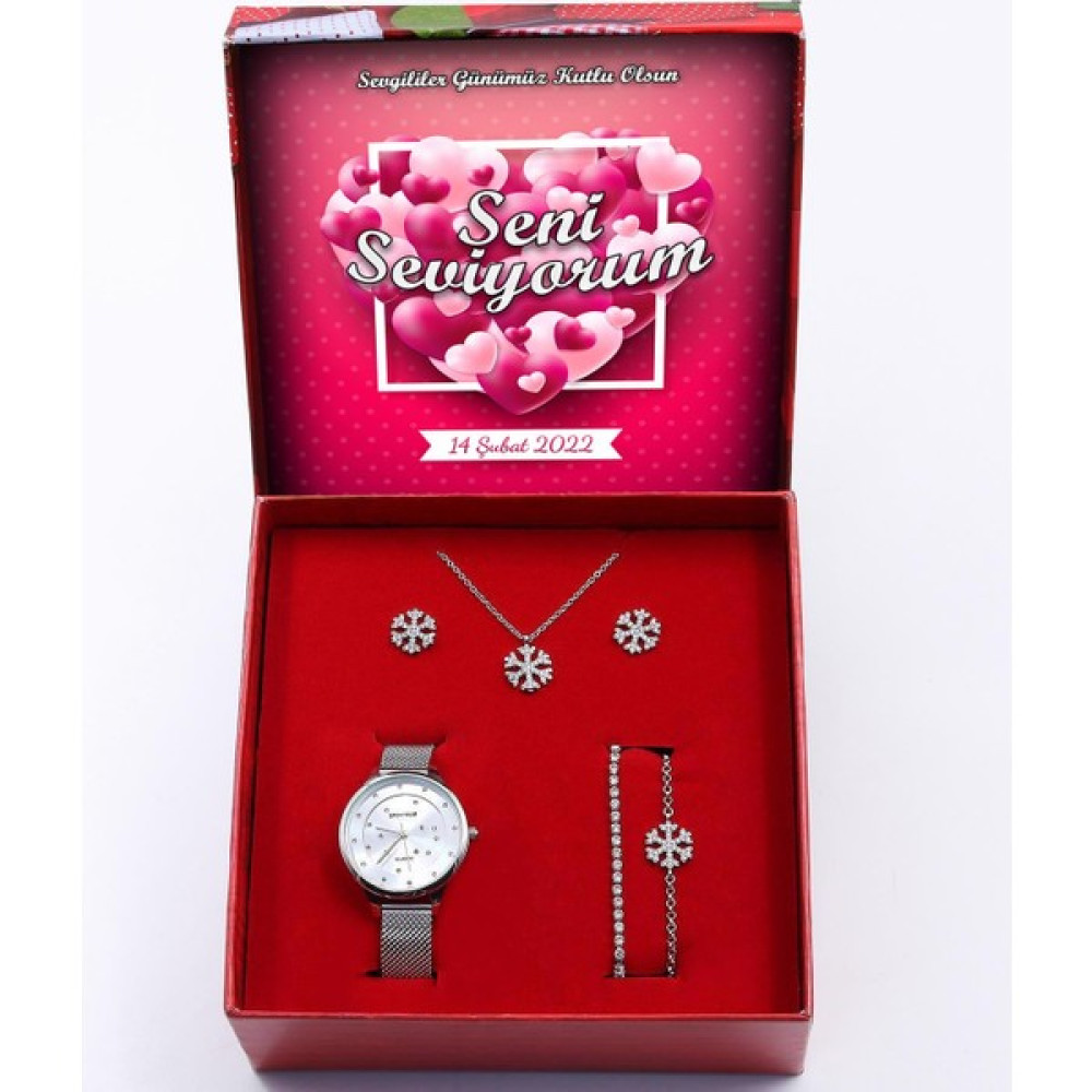 VegaGiftShop Sevgililer Gününe Özel Gümüş Renk Kar Tanesi Kolye & Kar Tanesi Bileklik & Hasır Kol Saati Aksesuar Hediye Seti Altın, Takı & Aksesuar Fiyatı