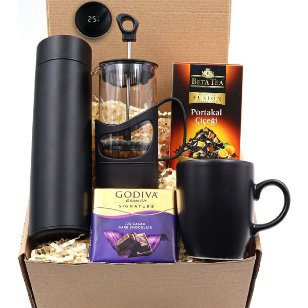 VegaGiftShop Siyah Dereceli Termos & Siyah French Press & Portakal Çiçeği Bitki Çayı & Siyah Mat Kupa & Godiva Çikolata Seti Altın, Takı & Aksesuar Fiyatı