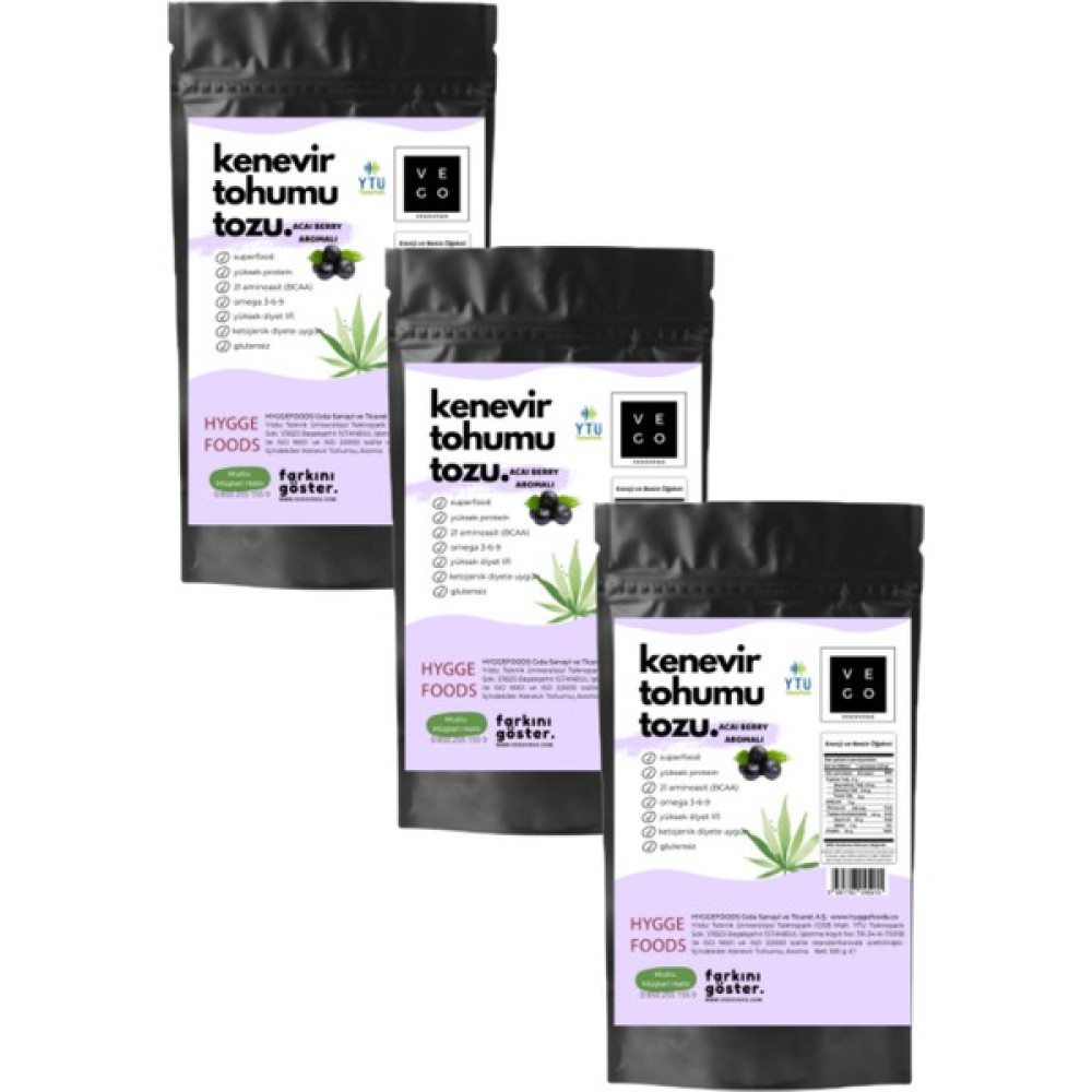 Vegovego Kenevir Kendir Tohumu Tozu - Acai Berry Aromalı - 3 Adet Protein Tozları Fiyatı