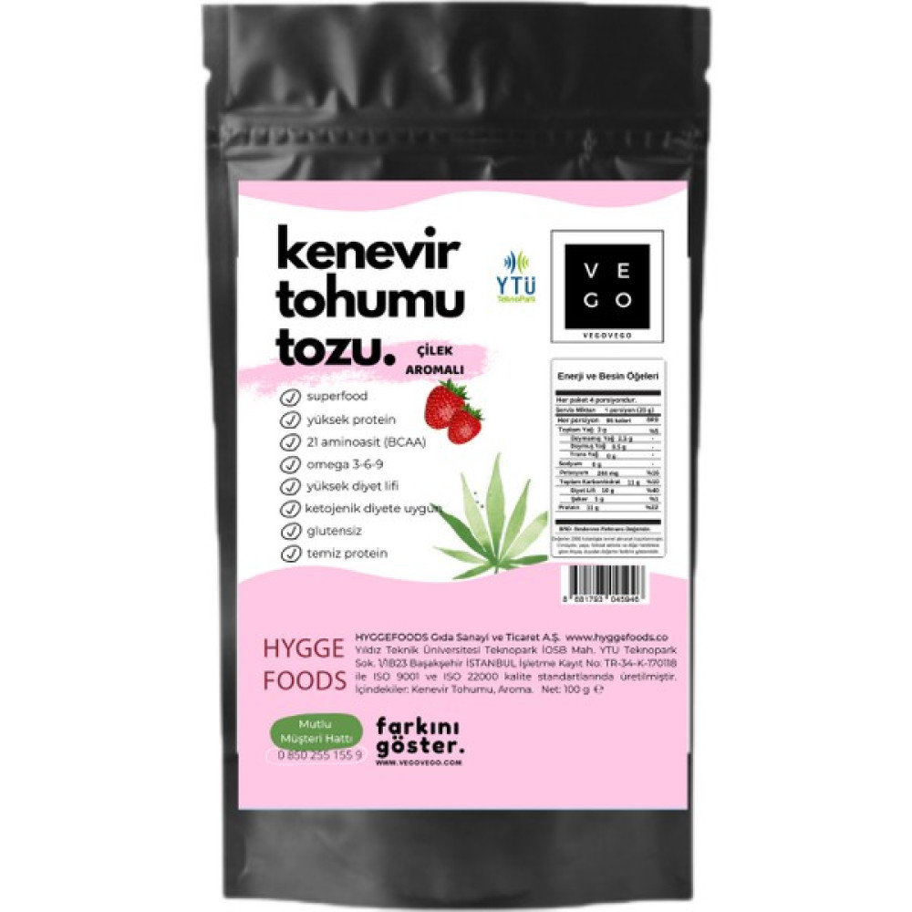 Vegovego Kenevir Kendir Tohumu Tozu - Çilek Aromalı 100 g Protein Tozları Fiyatı