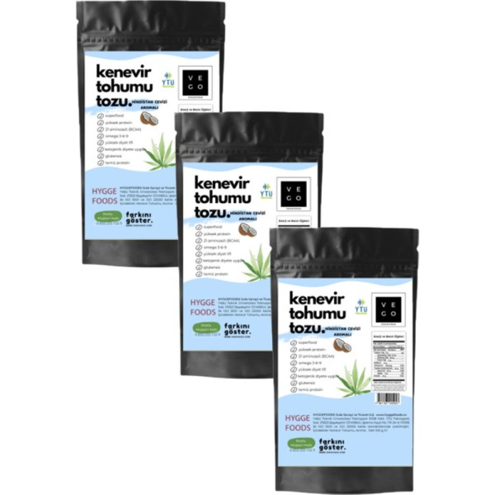 Vegovego Kenevir Kendir Tohumu Tozu - Hindistan Cevizi Aromalı - 3 Adet Protein Tozları Fiyatı