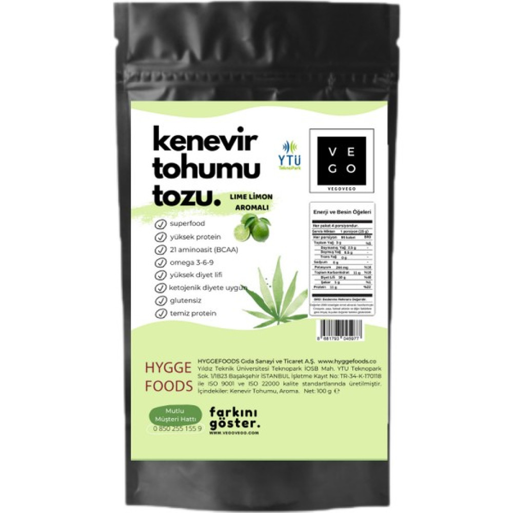 Vegovego Kenevir Kendir Tohumu Tozu - Lime Limon Aromalı 100 g Protein Tozları Fiyatı