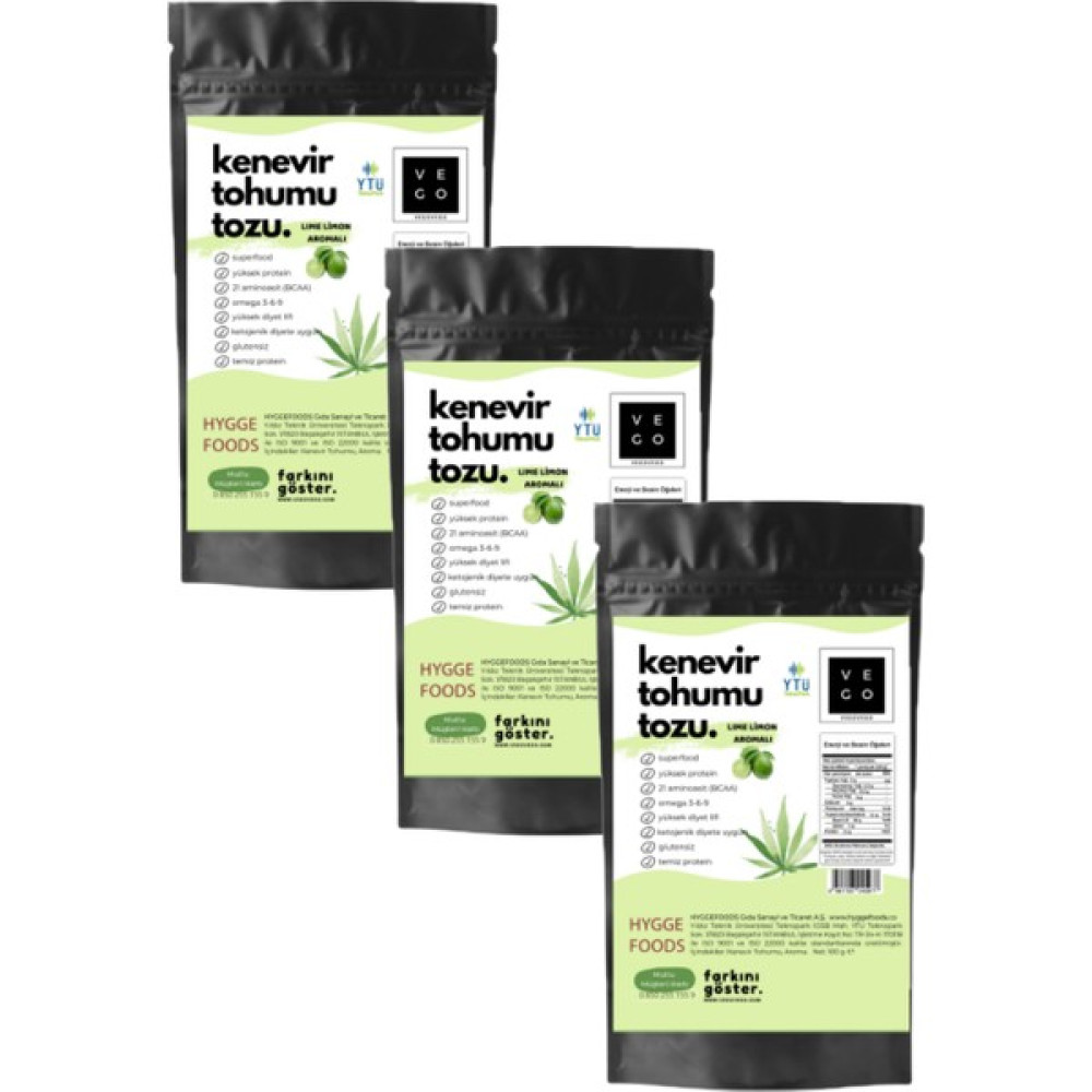 Vegovego Kenevir Kendir Tohumu Tozu - Lime Limon Aromalı - 3 Adet Protein Tozları Fiyatı