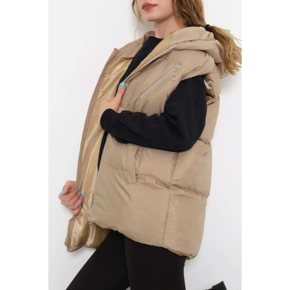 Velizade Kadın Bej Kapüşonlu Oversize Konfor Modeli Su Geçirmez Astarlı Uzun Şişme Yelek Tesettür Kadın Yelek Fiyatı