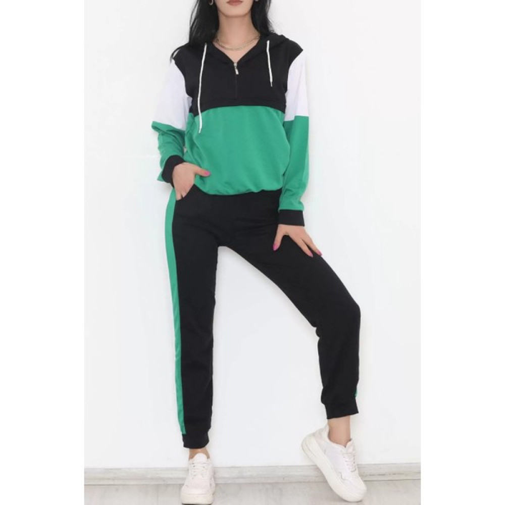 Velizade Kadın Renk Bloklu Beli Bağcıklı Jogger Kapüşonlu Fermuarlı Şeritli Spor Eşofman Takımı - 11416 Bayan Sweatshirt Fiyatı