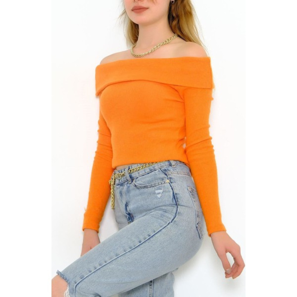 Velizade Kadın Turuncu Madonna Yaka Kaşkorse Bluz Fitilli Slim Fit Kayık Yaka Örme Kazak - 9977 Bluz Fiyatı