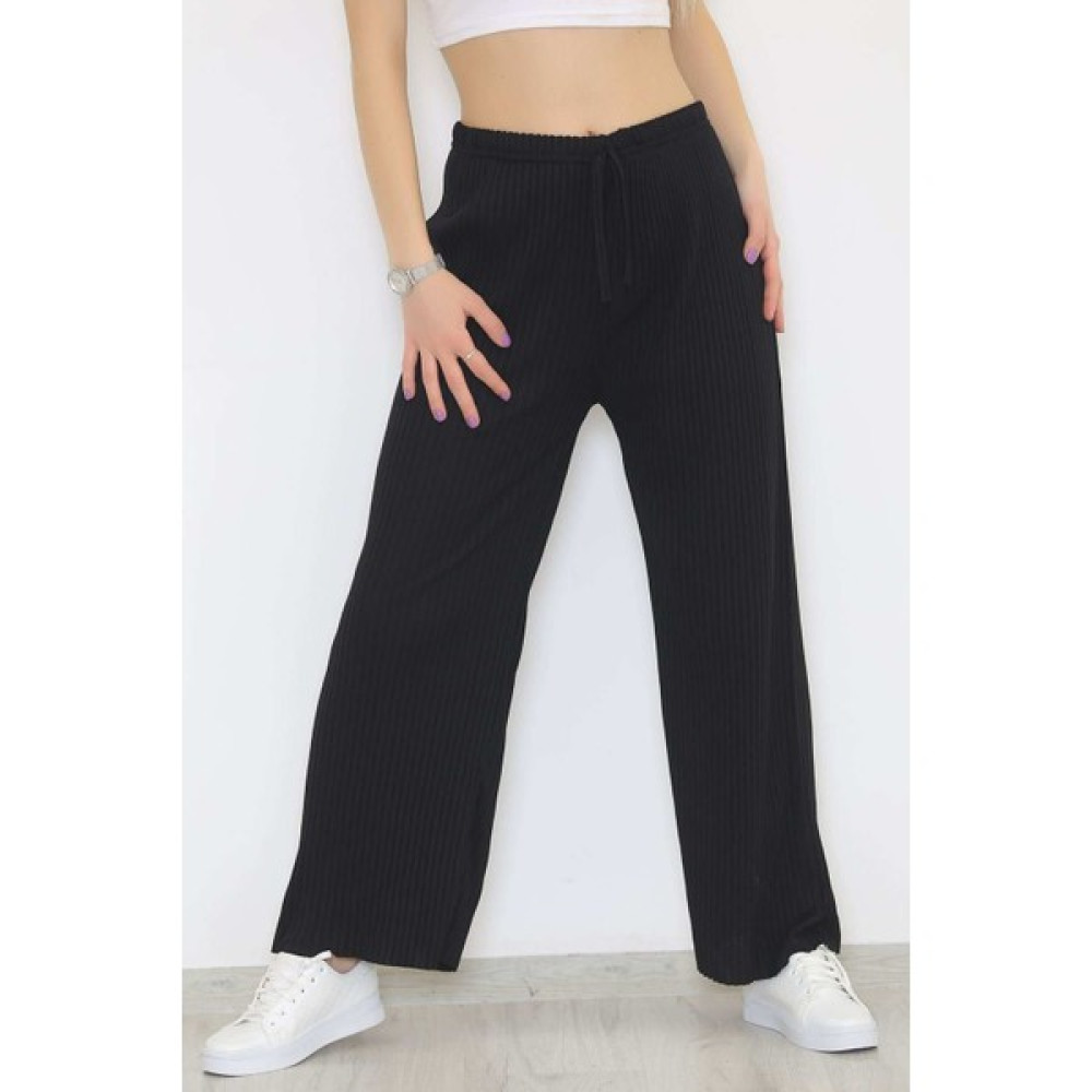 Velizade Kadın Yüksek Bel Fitilli Salaş Rahat Kesim Bol Paça Triko Pantolon Siyah - 8337.1567. Bayan Jeans / Kot Pantolon Fiyatı