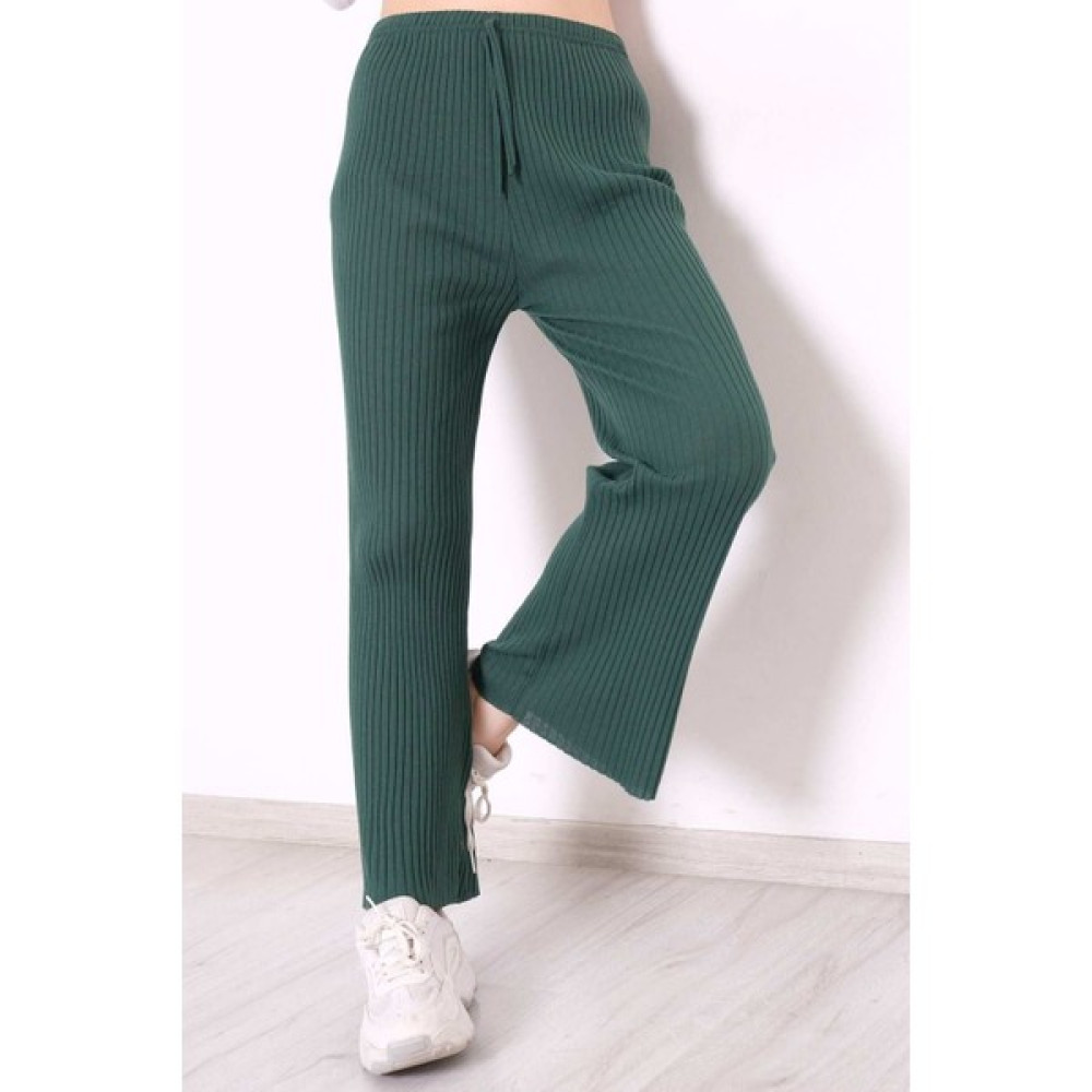 Velizade Kadın Yüksek Bel Fitilli Salaş Rahat Kesim Bol Paça Triko Pantolon Yeşil - 8337. Bayan Jeans / Kot Pantolon Fiyatı