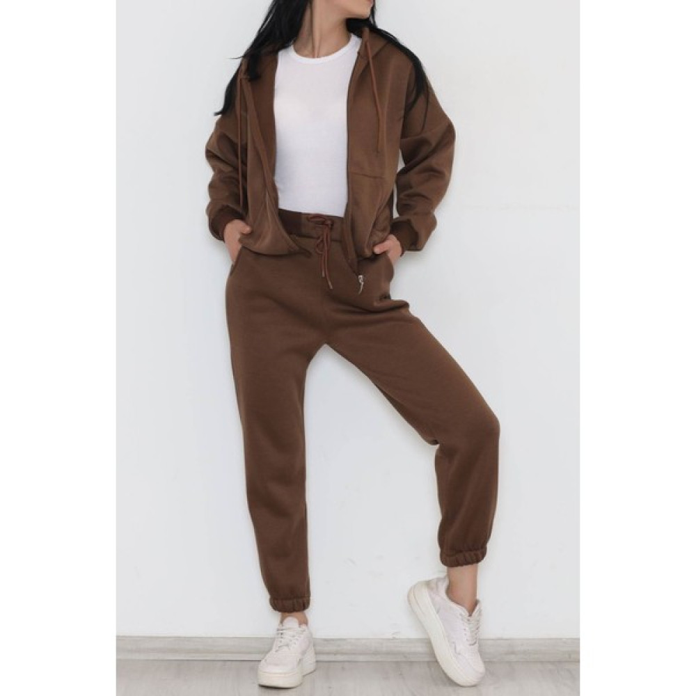 Velizade Kapüşonlu Fermuarlı 3 Iplik Şardonlu Kalın Kışlık Sweatshirt 2'Li Alt Üst Ikili Spor Eşofman Takımı Kadın Eşofman Fiyatı