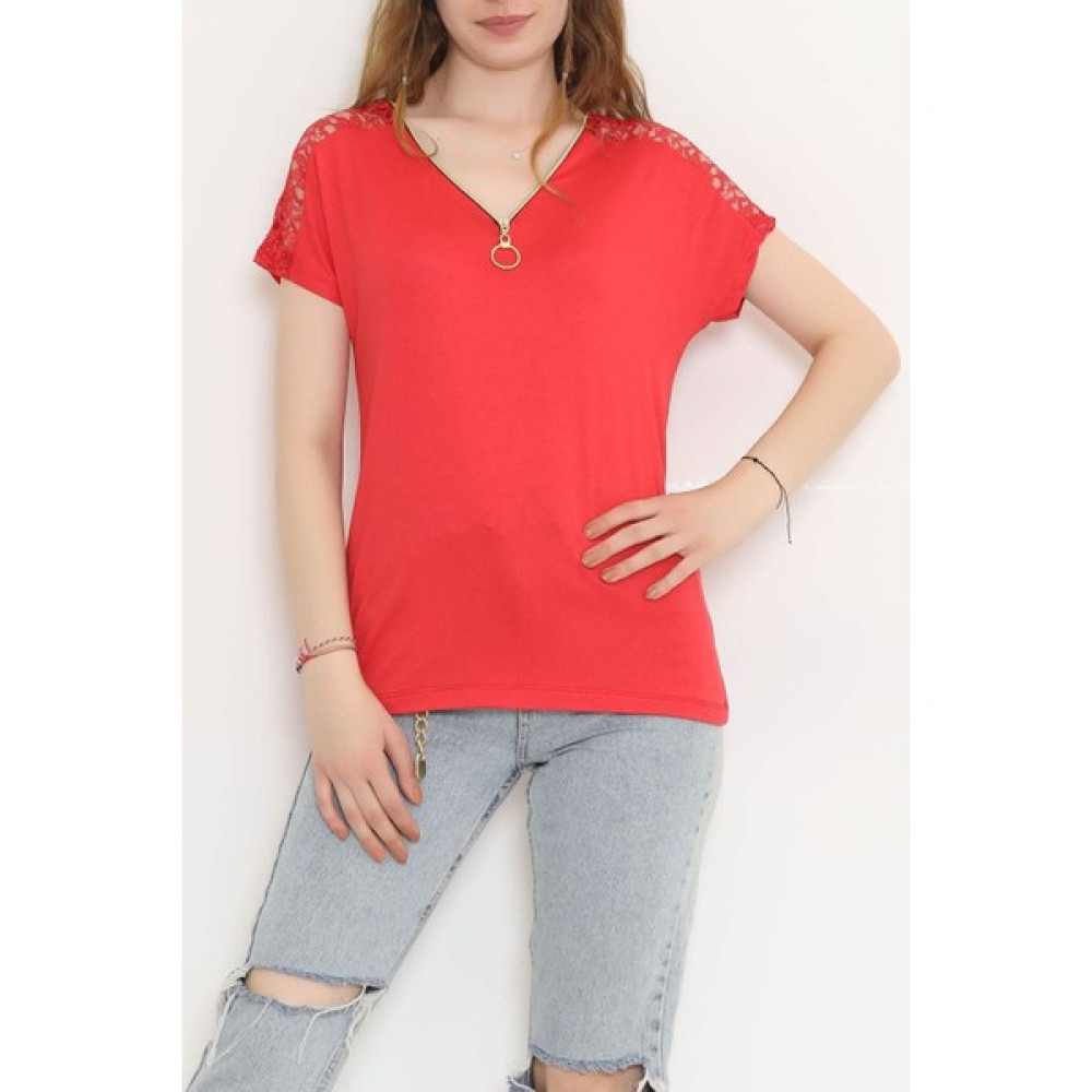 Velizade Omzu Dantelli Fermuarlı Bluz Kırmızı - 11367.599. Bayan Jeans / Kot Pantolon Fiyatı