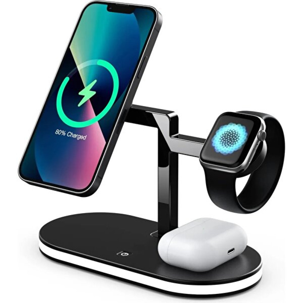 Velliw 5in1 15W Hızlı Kablosuz Şarj Standı Iphone/watch/airpods Uyumlu Gece Lambalı Wireless Şarz Standı - Siyah Cep Telefonu Şarj Cihazı Fiyatı