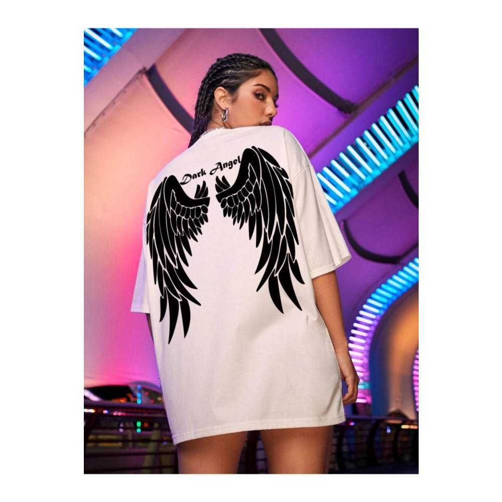 VELLOCE Beyaz Kanat Baskılı Oversize T-shirt L Beden Bayan T-shirt Fiyatı