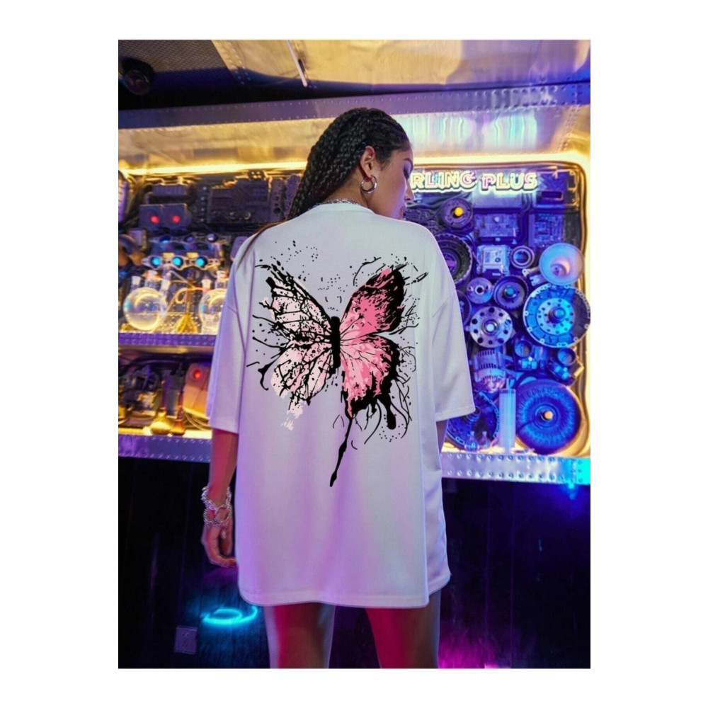 VELLOCE Beyaz Kelebek Baskılı Oversize Penye T-shirt XS Beden Bayan T-shirt Fiyatı