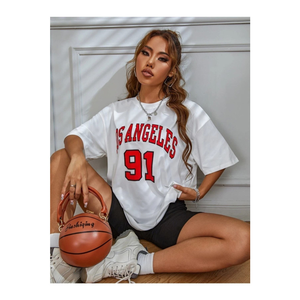 VELLOCE Beyaz Los Angeles 91 Yazılı Oversize Penye T-shirt XL Beden Bayan T-shirt Fiyatı