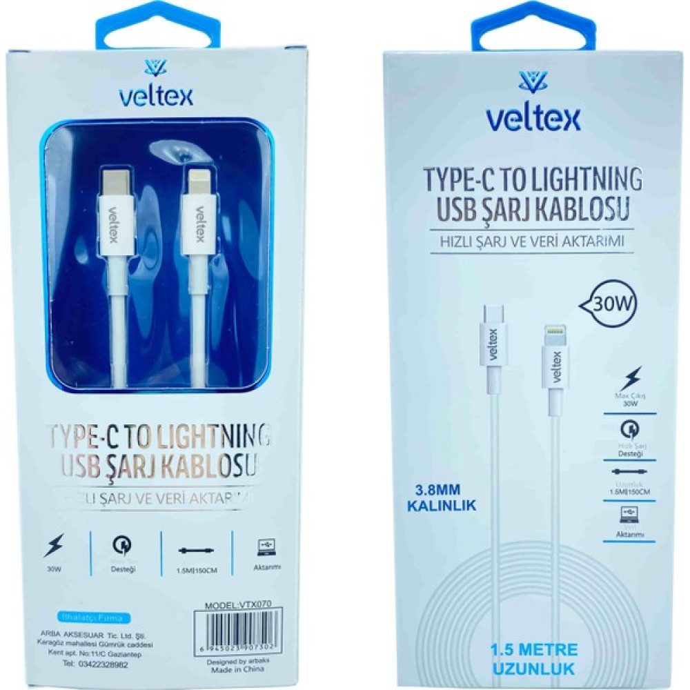 Veltex Pd 30W 1.5 Metre Type-C To Lightning Hızlı USB Kablo 3.8mm Kalınlık VTX070 - Beyaz Oto Boyaları Fiyatı