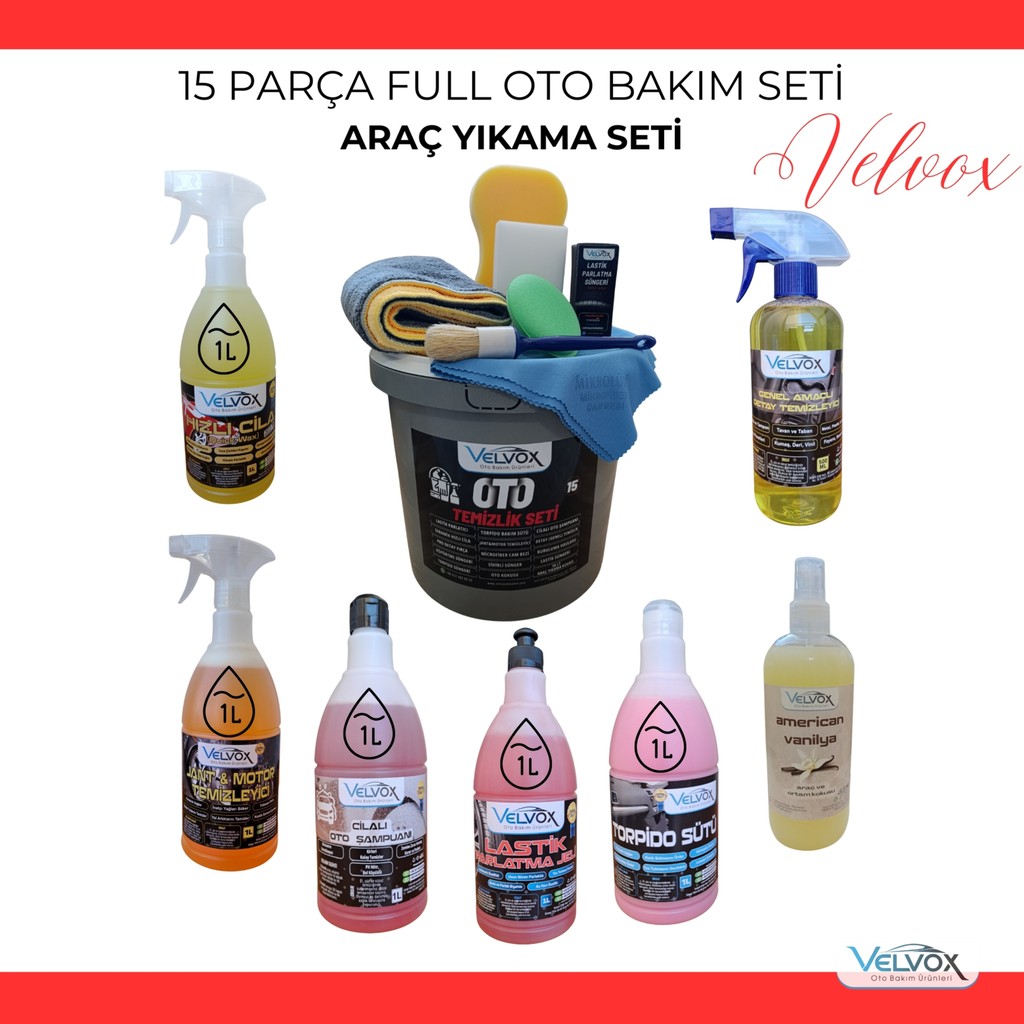 Velvox 15’li Profesyonel Oto Bakım Seti 1L Büyük Boy | Seramik Hızlı Cila, Şampuan, Lastik Parlatıcı, Jant Temizleyici | Kovalı Full Araç Yıkama Seti Bulaşık Yıkama Fiyatı
