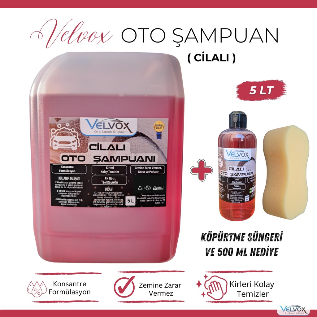 Velvox Cilalı Oto Şampuanı Oto Köpüğü 5L + 500 ml Hediye ve Köpürtme Süngeri | PH Nötr Konsantre Araç Şampuanı, Bol Köpüklü Profesyonel Oto Yıkama ... Diğer Fiyatı