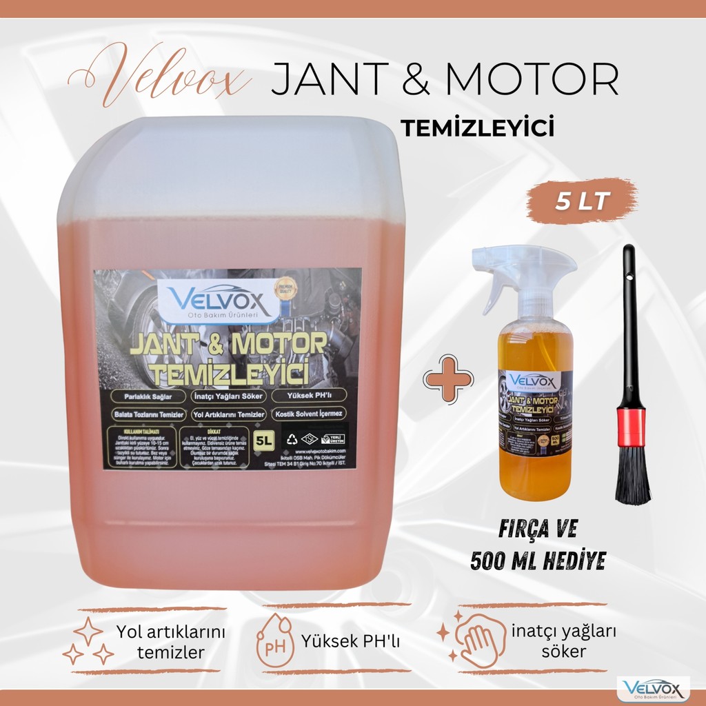 Velvox Jant ve Motor Temizleyici 5 L + 500 ml ve Detay Fırça Hediye | Yüksek pH – Yağ & Balata Tozu Temizleme – Kostiksiz Formül Diğer Fiyatı