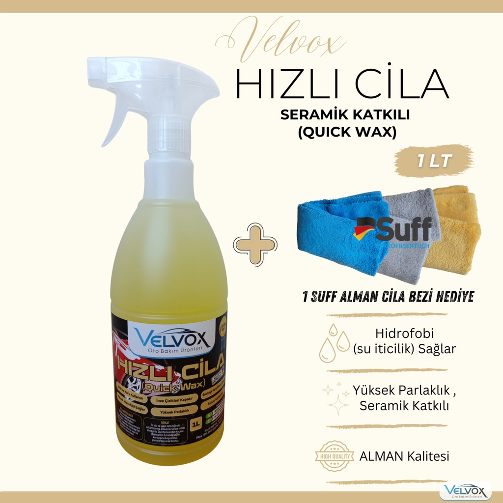 Velvox Seramik Katkılı Hızlı Cila 1 L + Alman Suff Kalın Cila Bezi (40×40) Hediye | Oto Cila & Quick Wax | Hidrofobik Koruma, Çizik Kapama, Alman K... Diğer Fiyatı