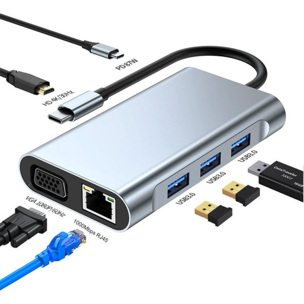 Vendas 7'li USB 3.0 + HDMI + RJ45 + VGA + Type-C Girişli Hub Adaptör Çevirici Dock Station - Gri Bilgisayar Çevirici ve Adaptörü Fiyatı