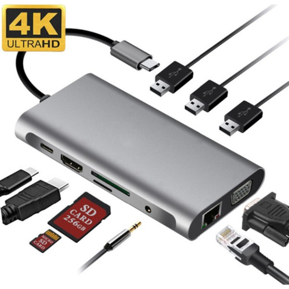 Vendas Type-C Girişli 10'lu HDMI VGA RJ45 Pd USB 3.0 Hub Dönüştürücü Adaptör Çoklayıcı - Gri Bilgisayar Çevirici ve Adaptörü Fiyatı